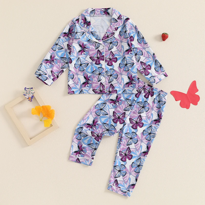 Toddler Girls Pajamas Set Butterfly Cherry Strawberry Print Long Sleeve Shirts Tops Long Pants 2 Pcs Lounge Suit Sleepwear