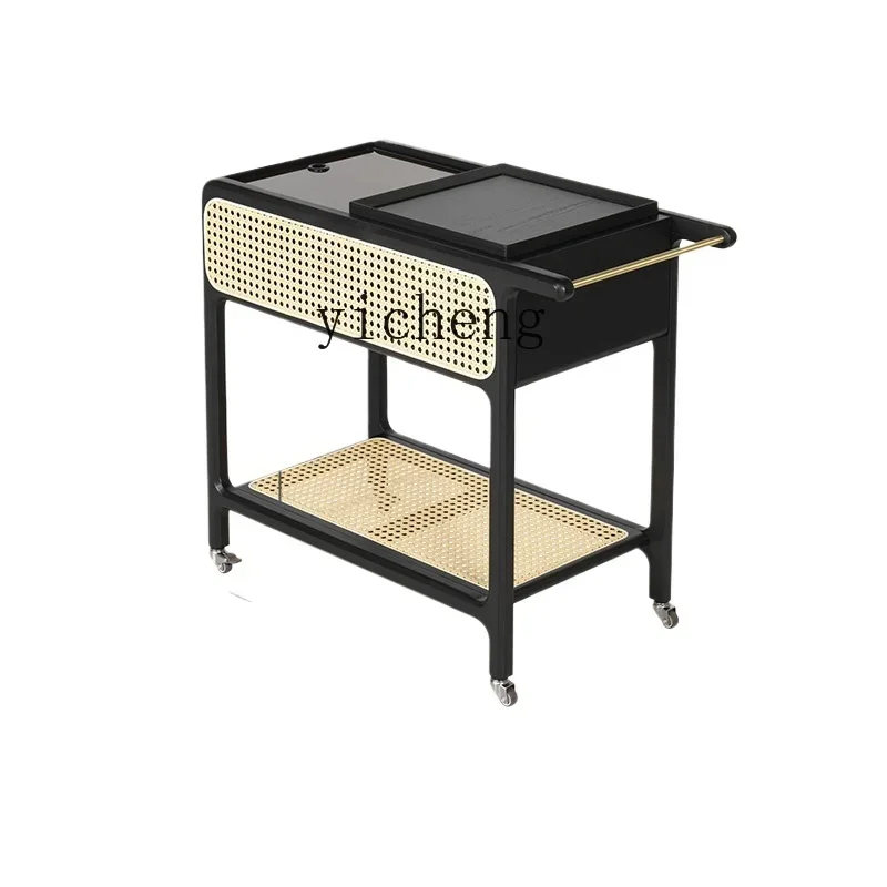 ZZTQH solid wood movable side few living room multi-functional black walnut trolley sofa storage side cabinet