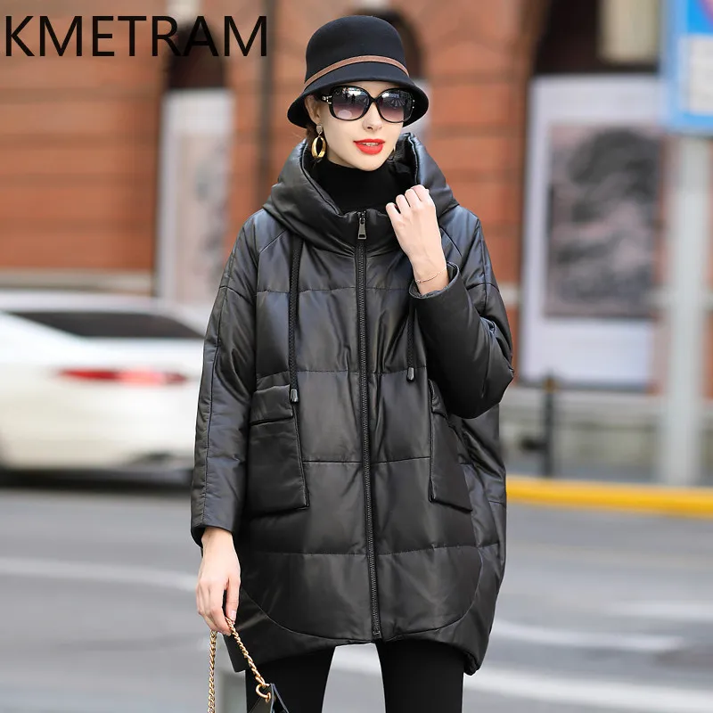 KMETRAM Genuine Sheepskin Down Jackets Women Hooded Casual Loose Puffer Jacket Winter Mid-Length Coat 2026 Woman Clothing 가죽자켓
