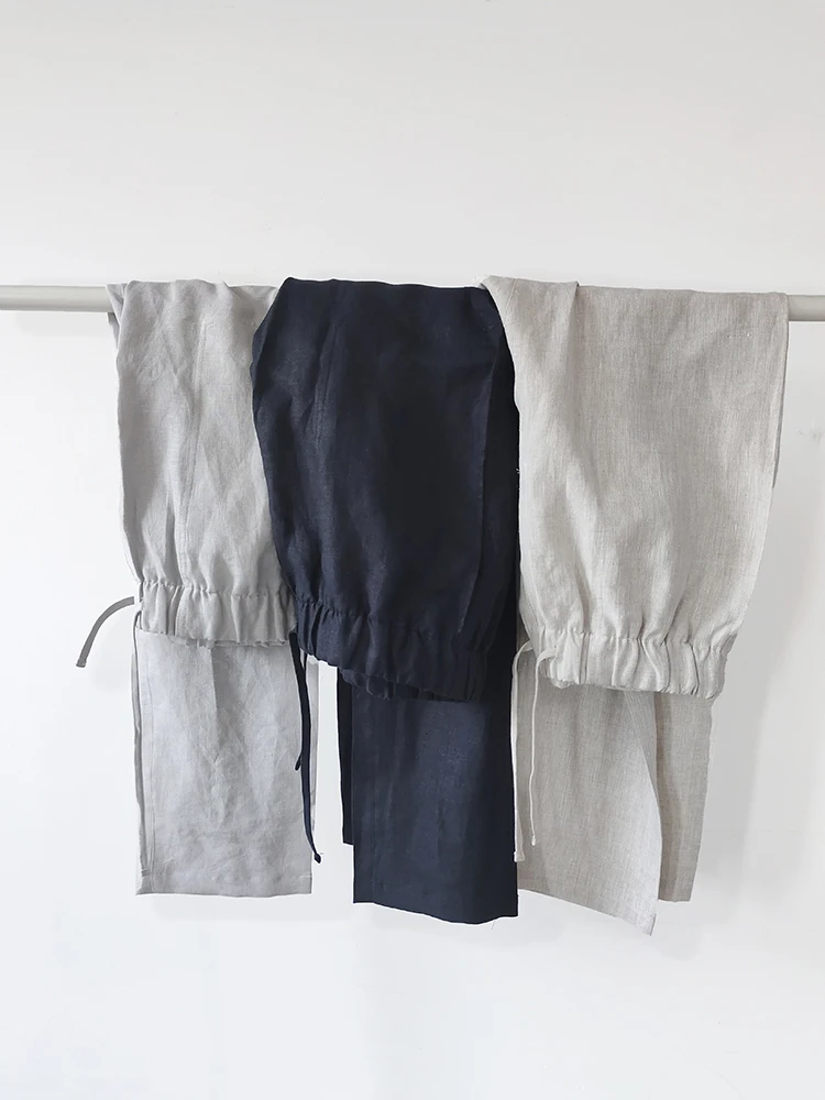 

Мужские повседневные брюки из хлопка и льна свободного кроя с завязками на талии, прямые, удобные, дышащие, укороченные (до щиколотки)