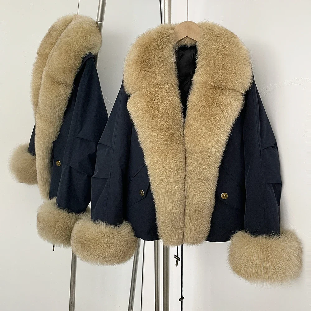 Jaqueta de pele grande gola de pele de raposa real quente feminino 2025 outono inverno pato branco para baixo casaco à prova dwaterproof água feminino grosso puffer jaqueta