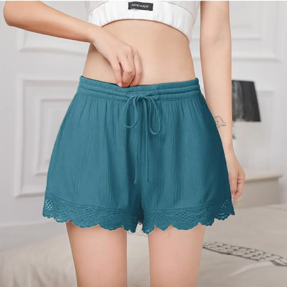 High Waist Shorts Elegant Lace Edge Women's Summer Shorts with Drawstring Elastic High Waist Pleated Loose Fit for Casual Dating