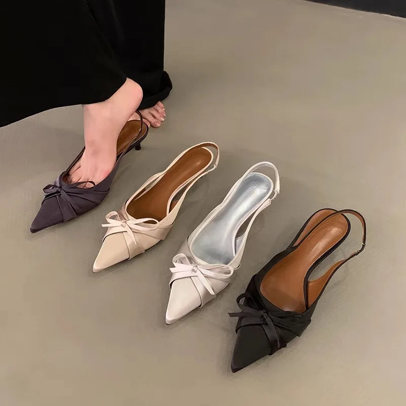 2025Elegant Silk Comfort Shoes for Women Sandals Stiletto Heels Bow Tie Summer New Female New Low Heels Pointed Toe Office Shoes