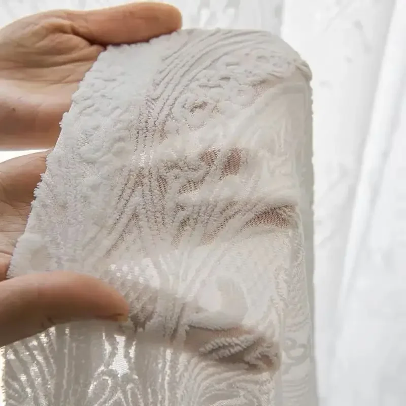 Custom Size Cheese Blackout Cashmere Embossed Window Screen Living Room Bedroom Balcony Restaurant Transparent White Tulle
