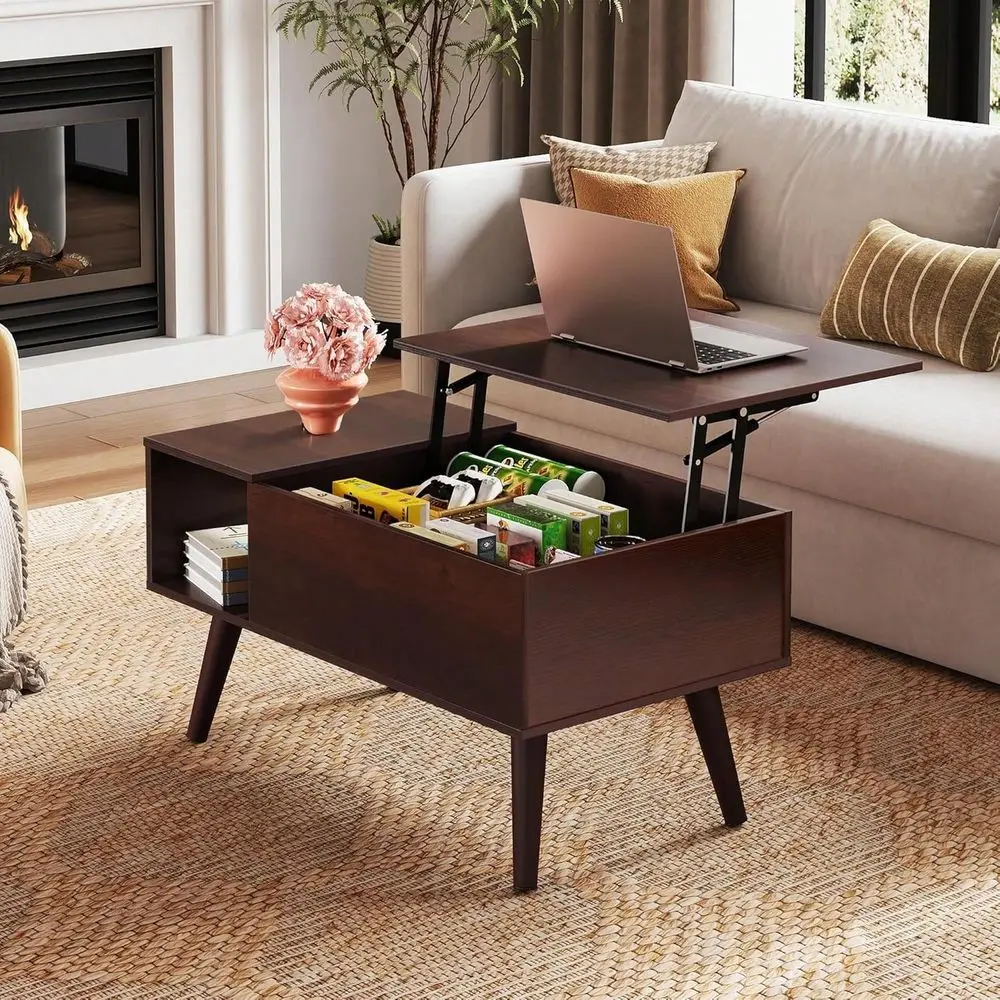 Table For Living Room, Small Coffee Table With Storage, Lift Top Modern Wooden Dining Center Table With Storage Shelf Hidden Co