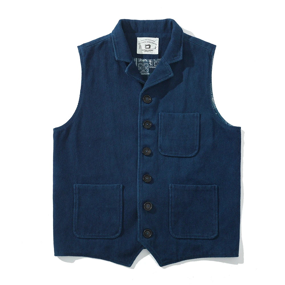 

Vintage Lapel Waistcoat Men Autumn Winter New Kendo Fabric Multi-pocket Indigo Jacket Suit Vest Handmade Blue Dyed Cardigan Coat