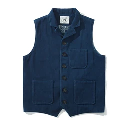 Vintage Lapel Waistcoat Men Autumn Winter New Kendo Fabric Multi-pocket Indigo Jacket Suit Vest Handmade Blue Dyed Cardigan Coat