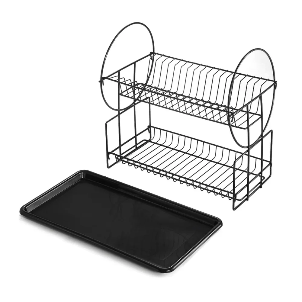 2 Tier Metal Dish Drying Rack Kitchen Sink Drain Rack with Cutlery Holder & Cup Organizer, Countertop Storage for Plates & Bowls