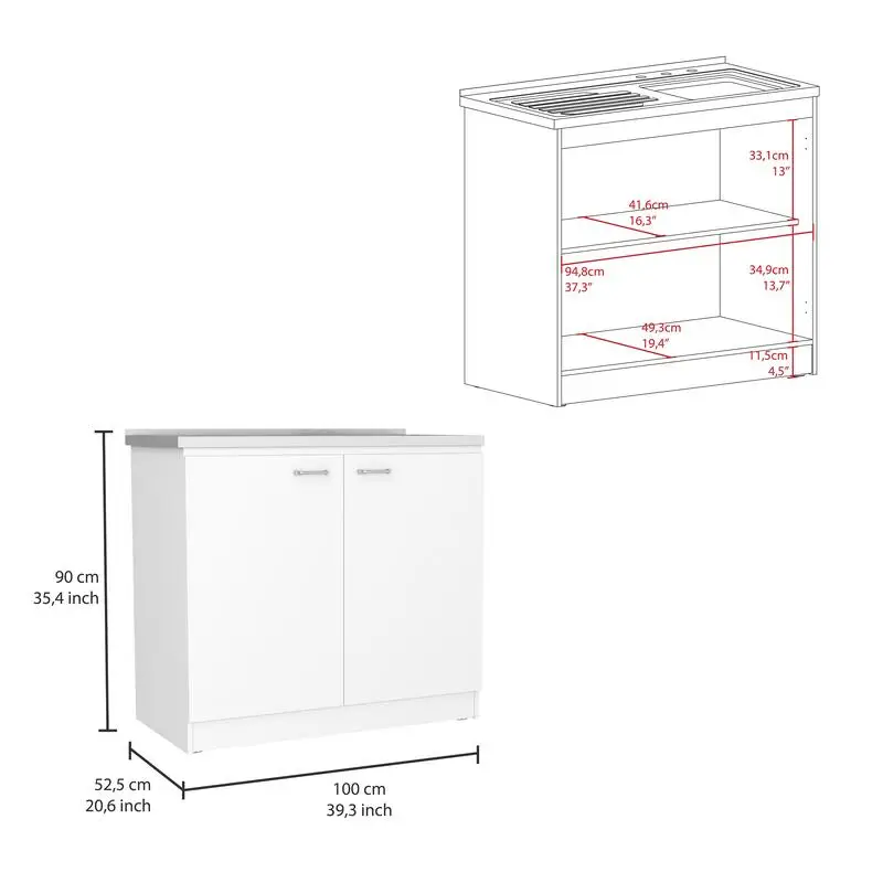 Utility spoelbak met kast, dubbele deur, één plank - witte afwerking