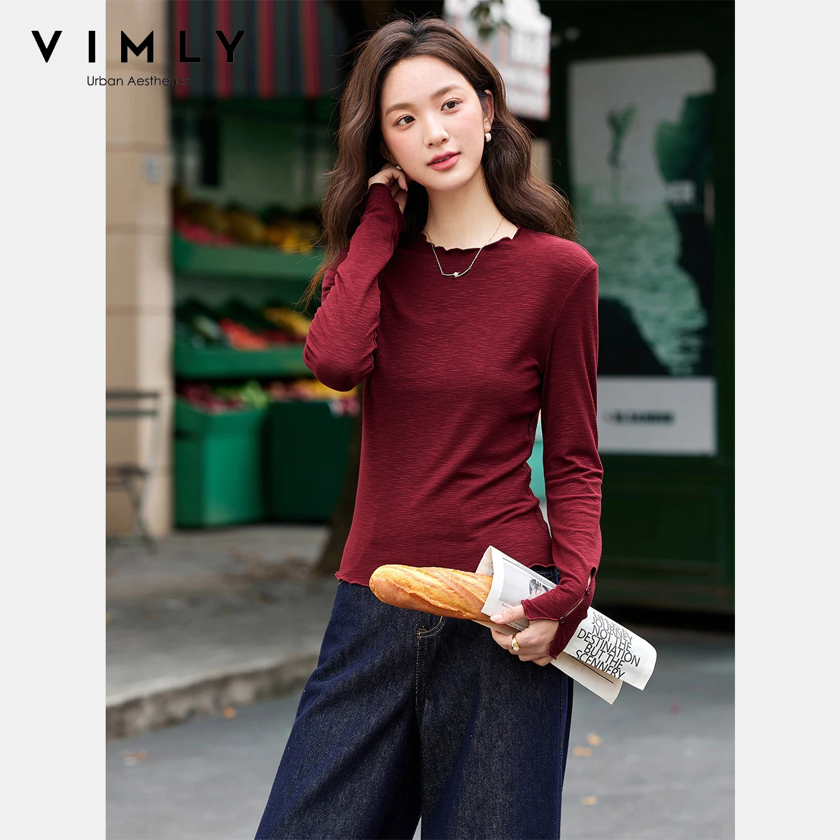 

VIMLY Women's White Long Sleeve Tops Casual Ruched Crew Neck Ladies Tee Autumn 2025 Elegant Knitted Strecth T-shirt Femmes A2389