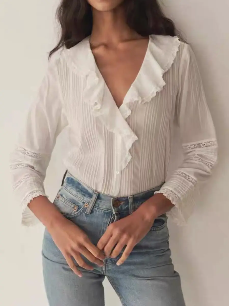 

Women 100% Cotton White Shirt Lace Embroidery Patchwork V-Neck Long Sleeve Casual Female Blouse Top