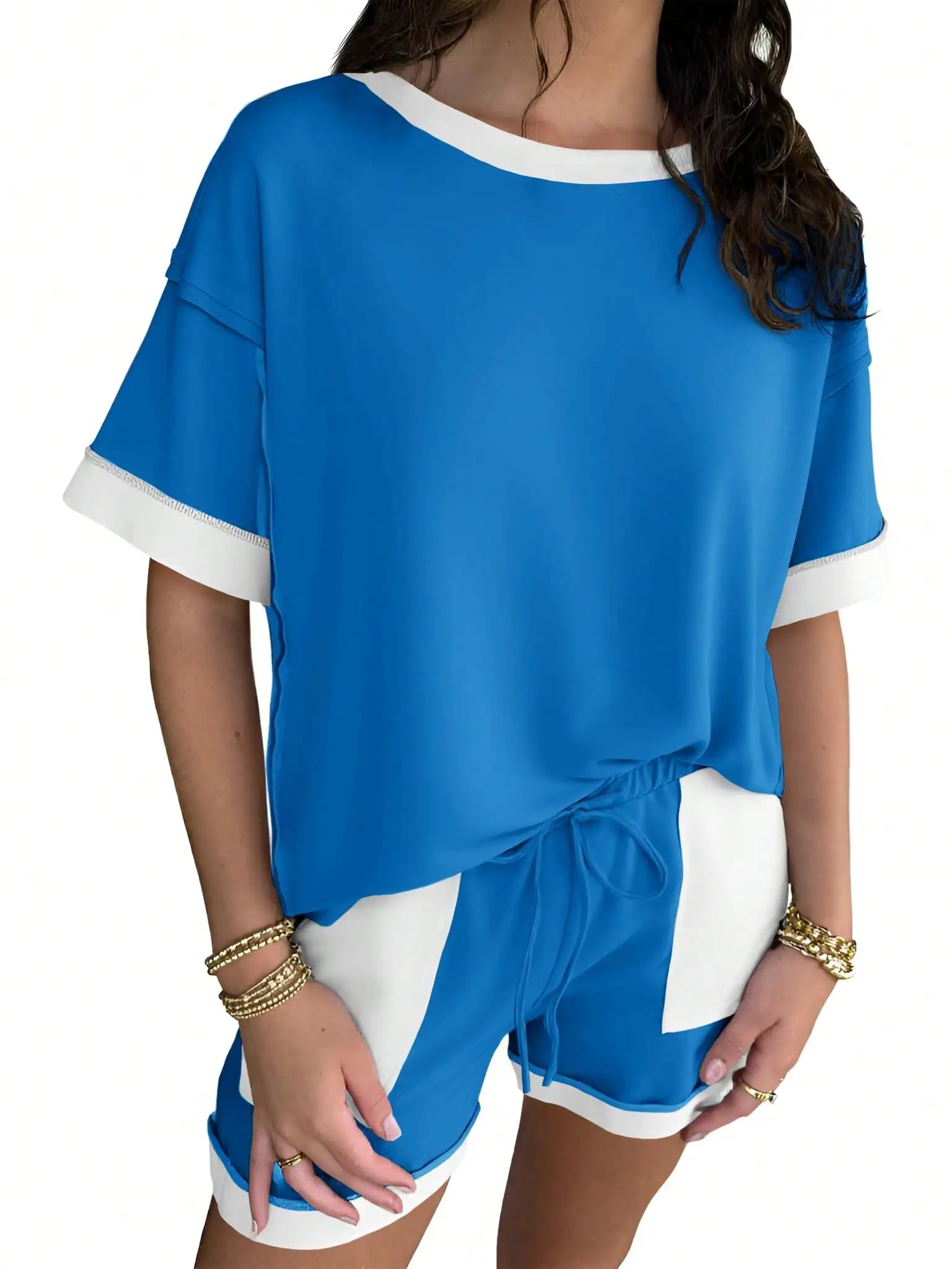 

Fisoew женские летние комплекты из 2 предметов, спортивные костюмы, толстовка большого размера, шорты, повседневный комплект для отдыха с цветными блоками, короткие комплекты