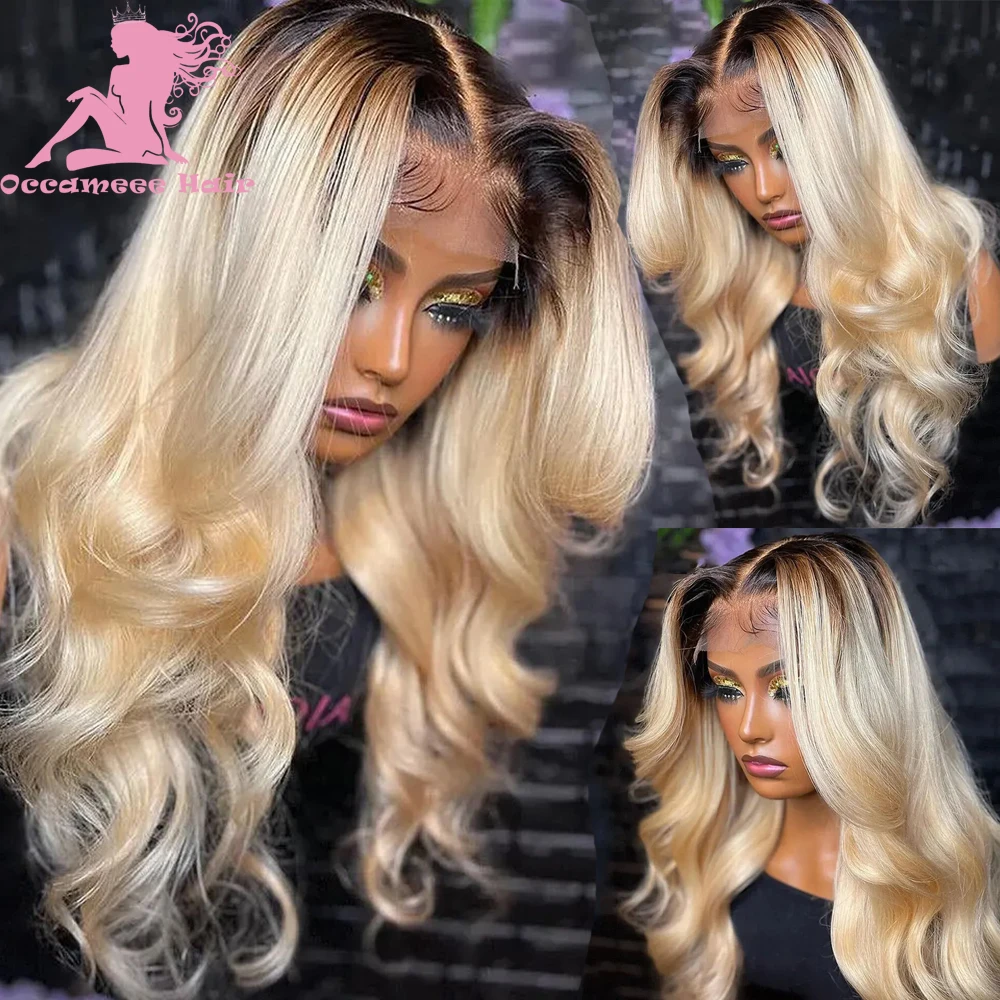 Human Hair Lace Frontal Wig Brown Ombre Blonde Colored Wigs For Women Natural wave Brazilian Hair Transparent Full Lace  wig