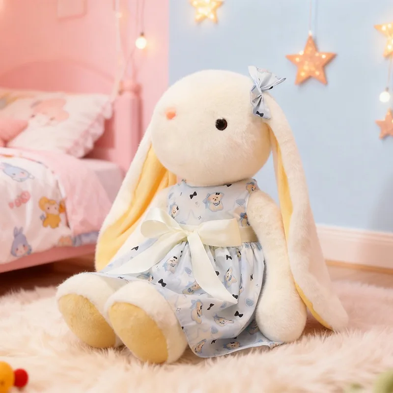 Cute Floppy Ear Bunny Plush Toy Soft Stuffed Rabbit Doll with Dress, Kawaii Companion Pillow for Kids Birthday Gift