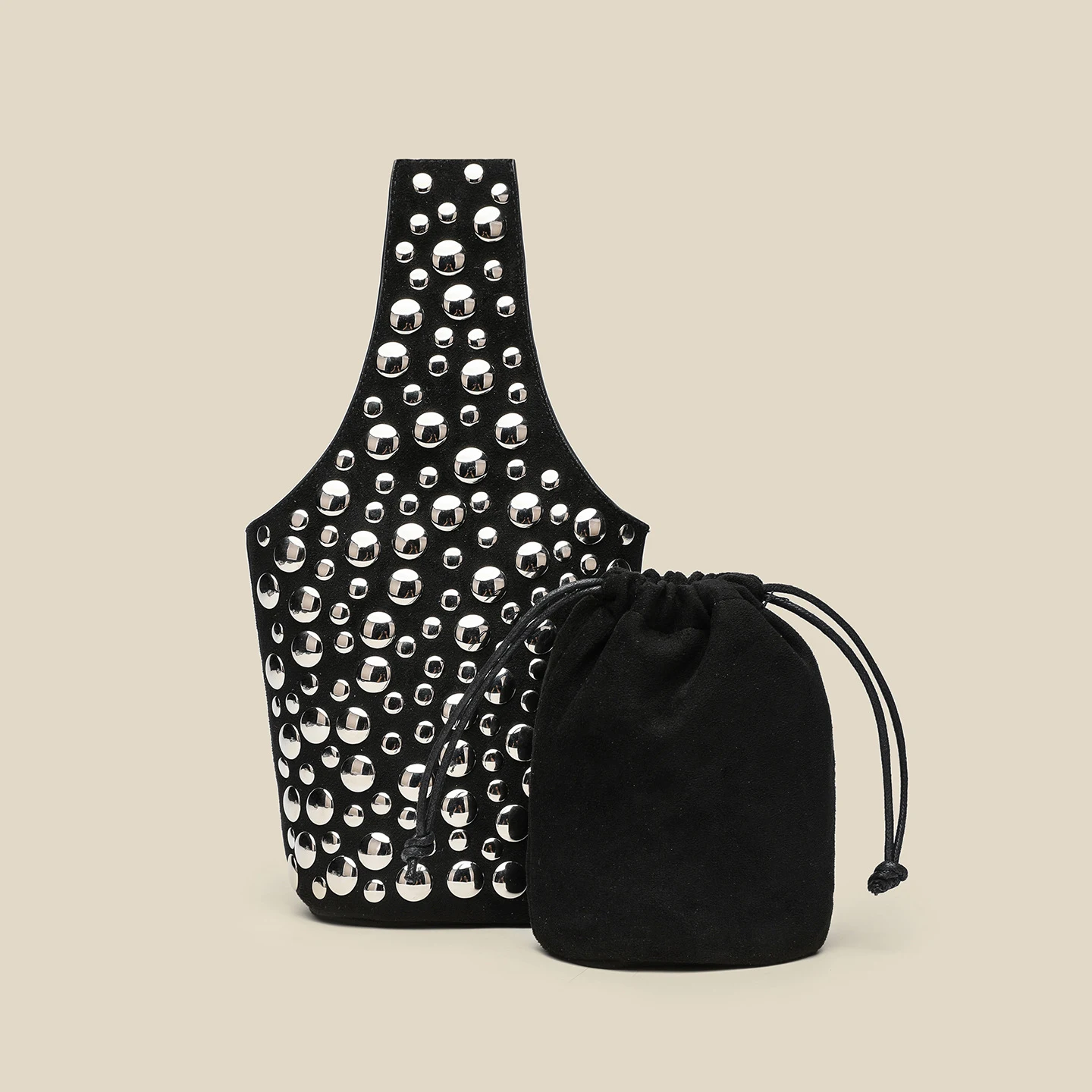 

Punk Rivet Bucket Bags for Women Faux Suede Handbags and Purses Studded Women's Bag NEW Luxury Designer Bags Wrist Bag Clutch