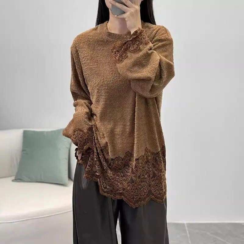 المرأة س الرقبة طويلة الأكمام أفخم بلوزة فضفاضة بلون تي شيرت 664P الكورية أنيقة الدانتيل المرقعة البلوز الخريف جديد عادية
