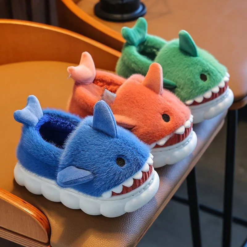 

Kids'Slippers House Shoes Shark Winter Shoes For Children Warm Cotton Fur Anti-slip Soft Bottom Blue orange Shoes Size 24-36