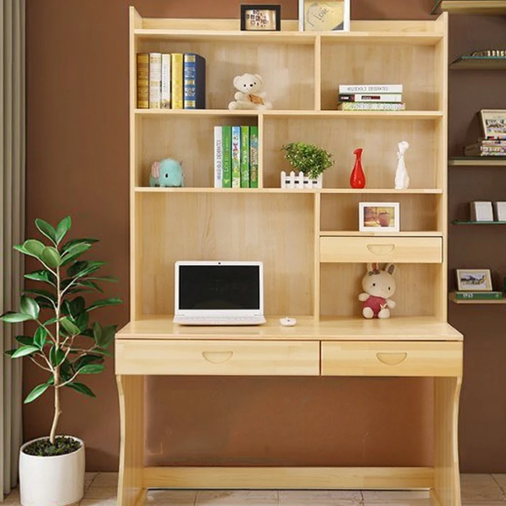 مكتب وكرسي كمبيوتر بسيط من الخشب الصلب مع رف كتب مكتبي، تصميم حديث لتعلم وكتابة الأطفال