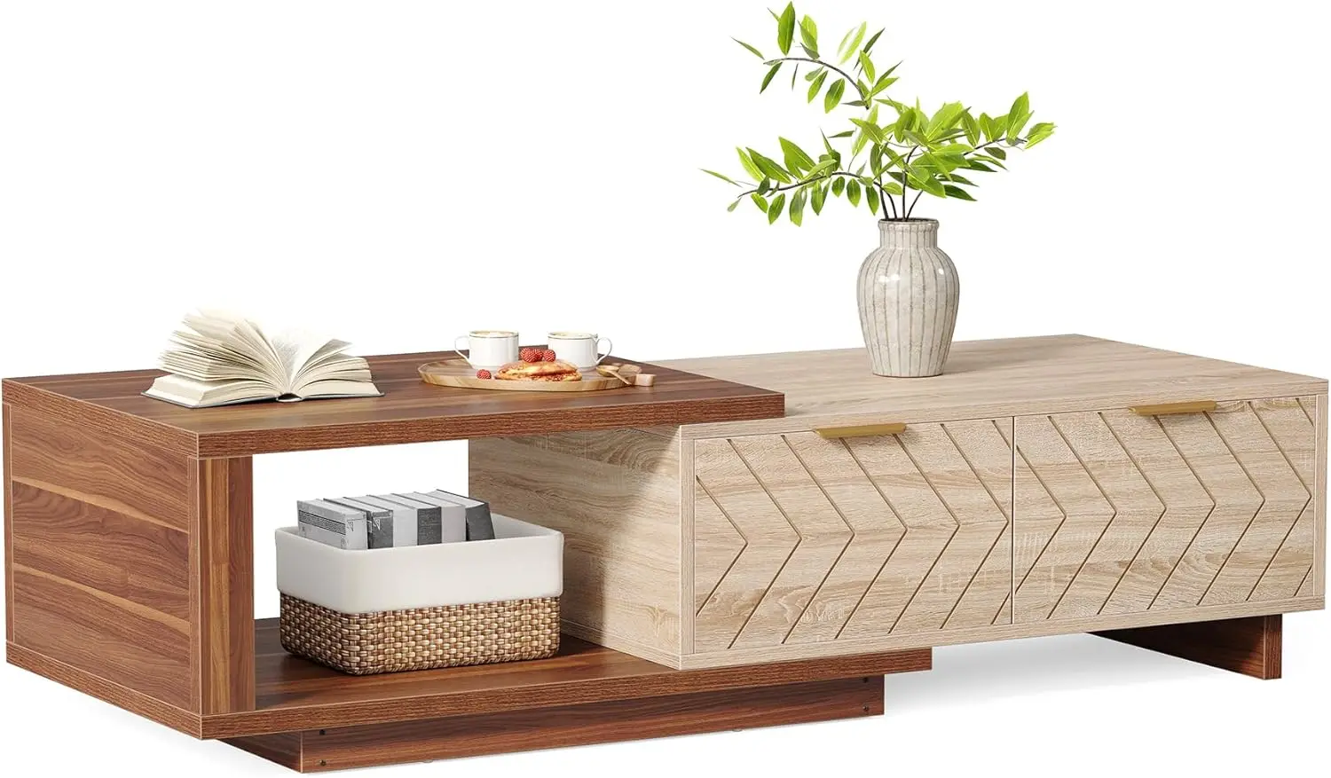 Table basse extensible en bois avec 2 tiroirs, table centrale de ferme rectangulaire peu encombrante, parfaite pour le salon et le bureau