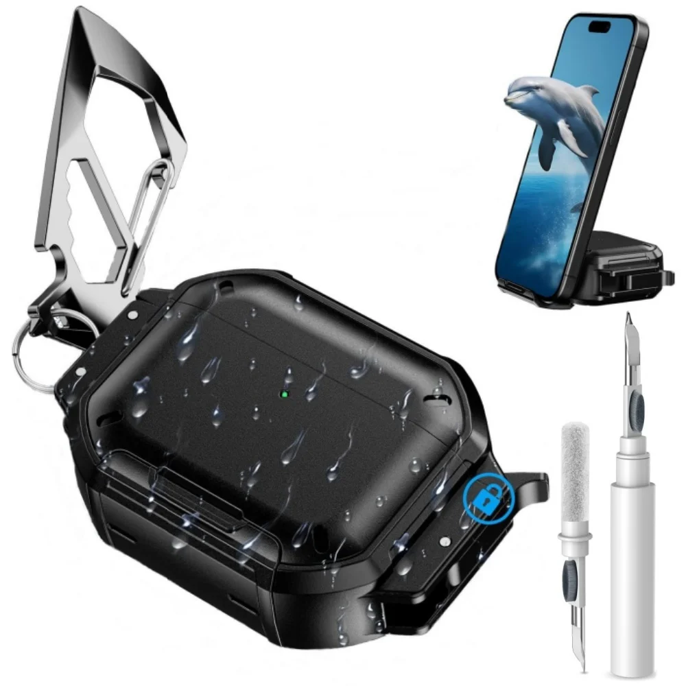 Für AirPods Pro 3 Hülle, wasserdicht mit Karabiner【IP68 Unterwasser】 mit Sicherheitsverschluss und Telefonständer, Schutzhülle für AirPods 4