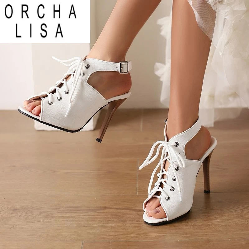 ORCHA LISA Sexy Women Sandals Peep Toe Thin High Heels 11cm Lace Up Buckle Strap Plus Size 47 48 49 50 Fashion Dating Party Shoe