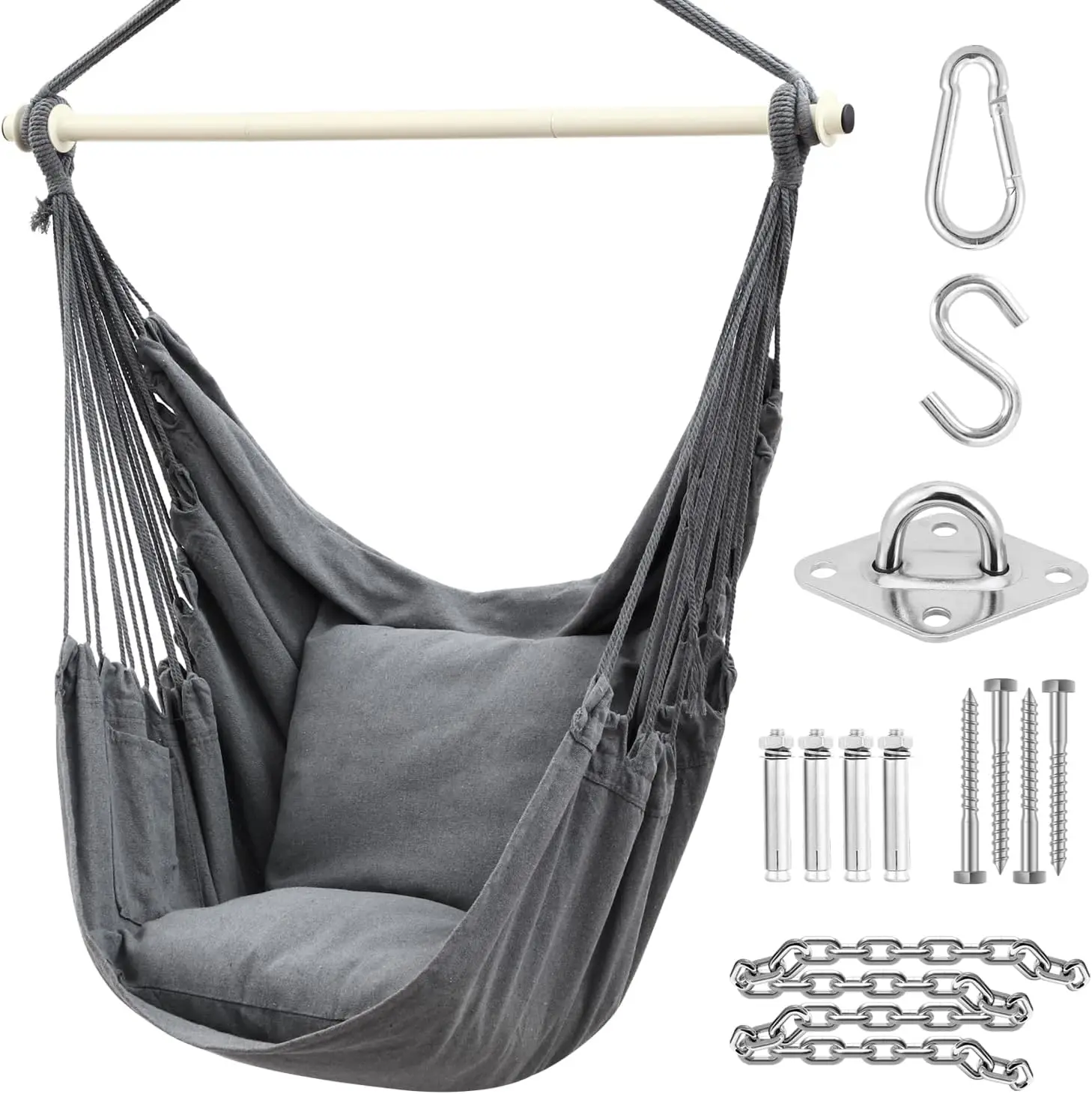 Hammock Chair Swing with Hardwares, Ohuhu XL Portable Hanging Chairs with Cushions Installation Kit Detachable Metal