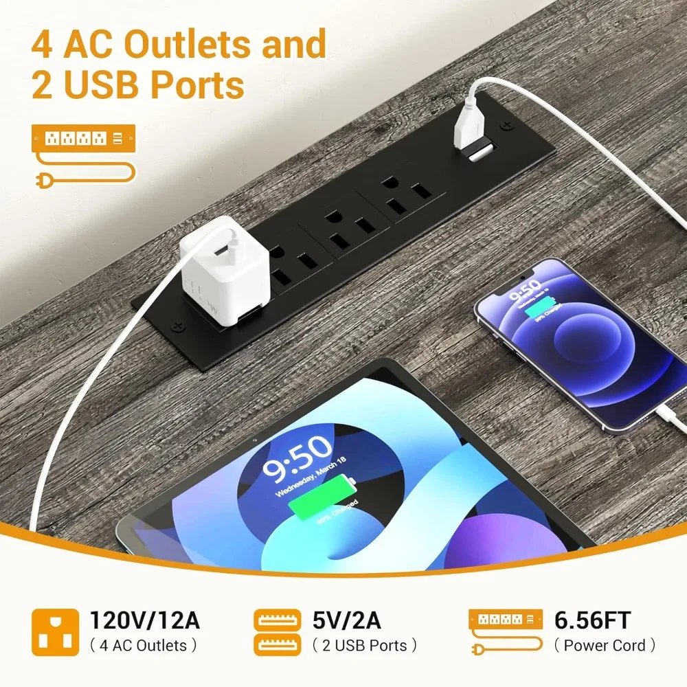 L-Shaped Desk with Power Outlet and LED Lighting, Corner Office Desk with File Cabinet Drawer