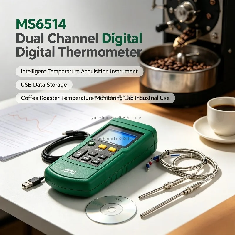 MS6514 Dual Channel Digital Thermometer, Temperature Acquisition Instrument with USB Data Storage for Temperature Monitoring