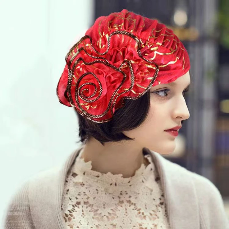 2022 Lente Nieuwe Grote Bloem Tulbanden Voor Vrouwen Schoonheid Garen Plaat Jacquard Headwrap Lace Hoed Muslimturban Caps Islamitische Hoofddeksels