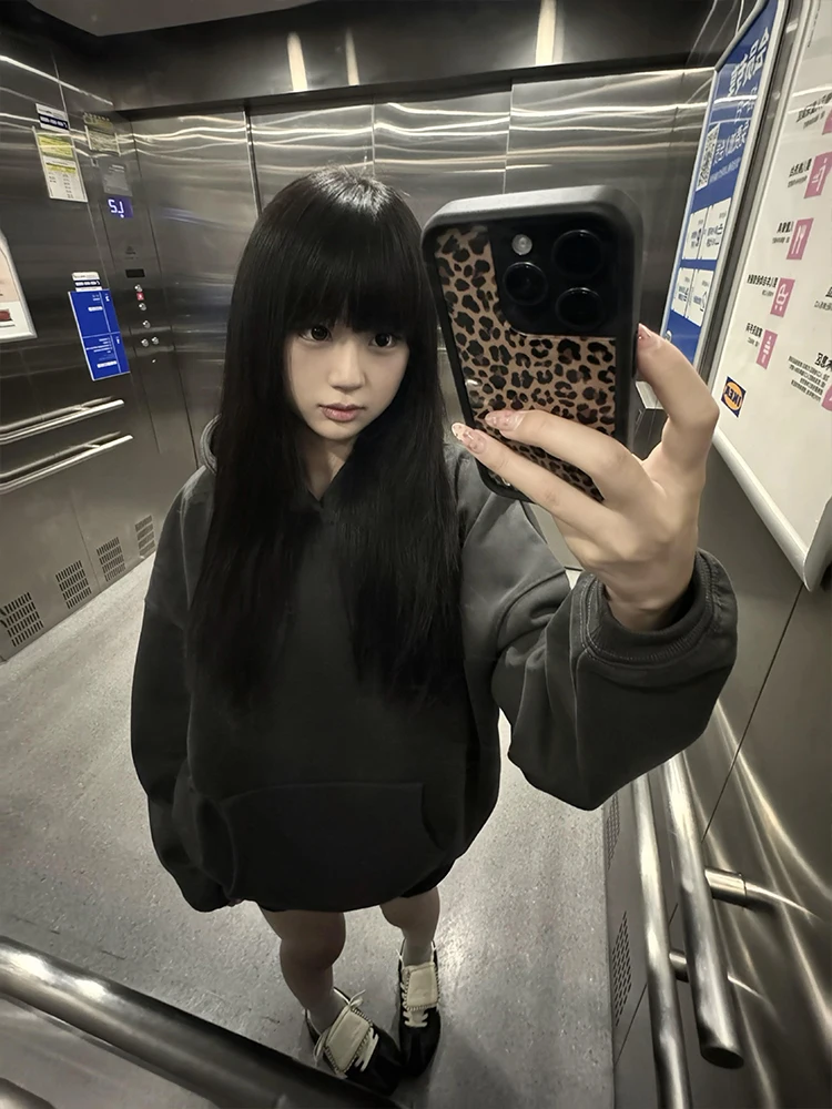 

Thiened Fce Hoodie Women's Autumn Winter Casual Outerwear Retro Couple Loose Fit Long Sve round Ne Color Swea...