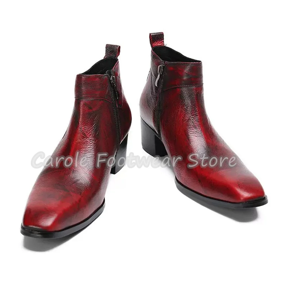 Vintage Square Toe Genuine Leather Ankle Boots Male High Top Chunky Heel Chelsea Boots Side Zipper Height-Increased Short Boots - view 3