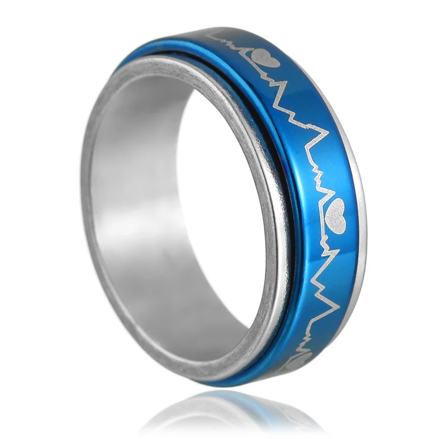 New Fashion Heartbeating Blue Spinner Ring for Men Women Stress Release Lovers Titanium Steel Wedding Band Jewelry Accessories