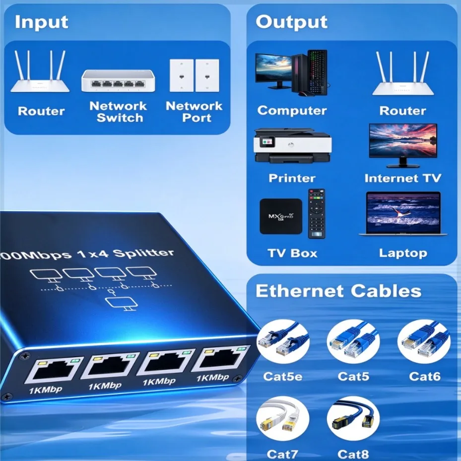Gigabit Ethernet Splitter 1 In 2/4 Out R45 1000mbps Network Splitter USB Powered For Router TV Box Laptop PC cat5e Cato Cat7Cat8