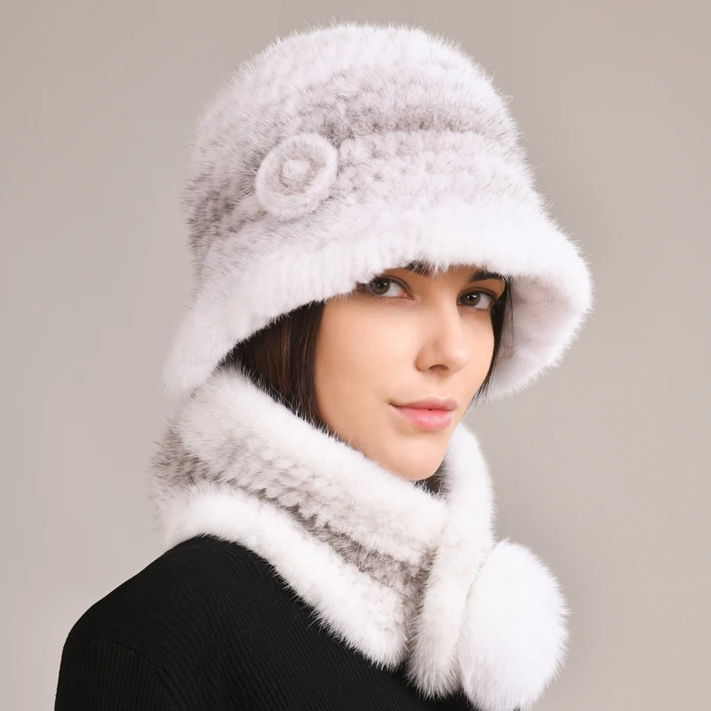 Mink Fur Hat Women Handmand Knitted Fur Hat Scarves Set Winter Scarves Luxury Outdoor Real Mink Fur Hat Fluffy Natural Fur Caps