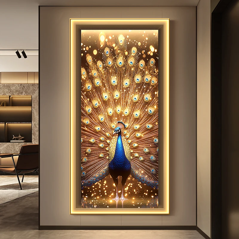 

Роскошный павлинный экран, украшение для входа, картина, элитная подвесная картина для коридора, светодиодный светильник для комнаты, настенный светильник для дома
