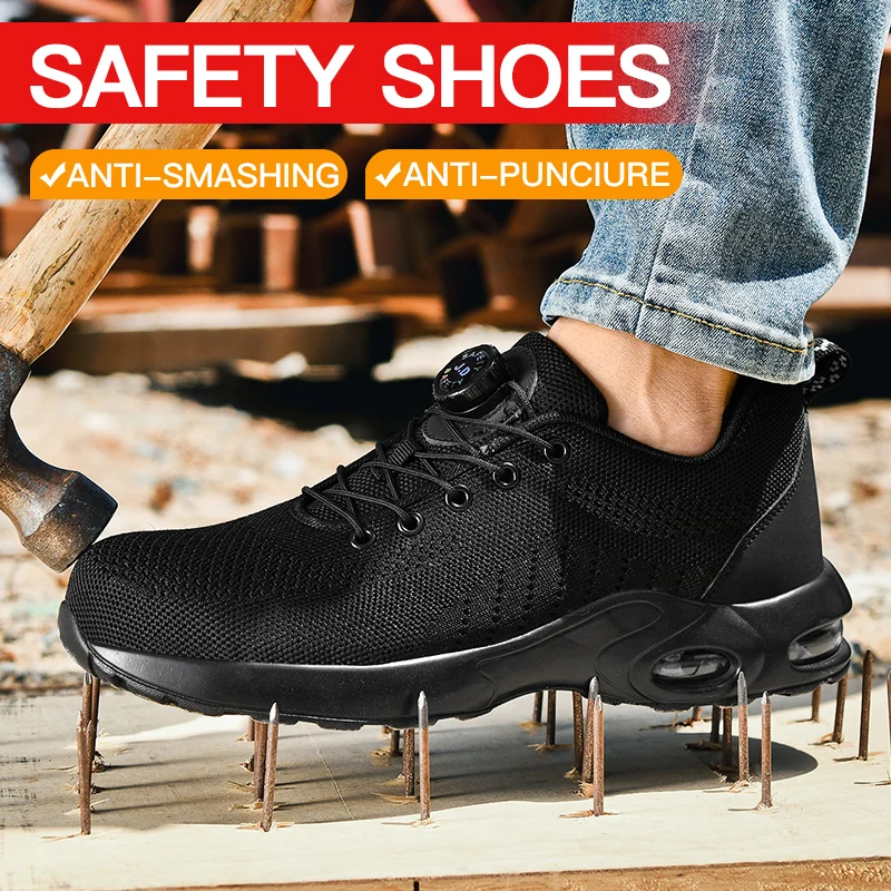 Nuove scarpe antinfortunistiche da uomo con bottone rotante, scarpe da lavoro anti-impatto e anti-perforanti, scarpe sportive da uomo alla moda e pro di sicurezza