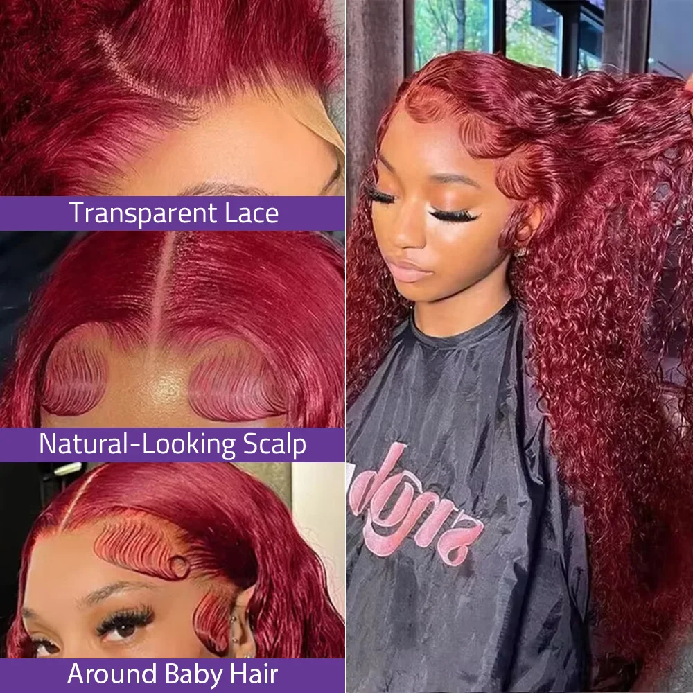 13x4 الدانتيل الشفاف بورجوندي موجة عميقة شعر مستعار أمامي البرازيلي 99j مجعد 13x6 Hd الدانتيل الجبهة خصلات الشعر المستعار الإنسان للنساء