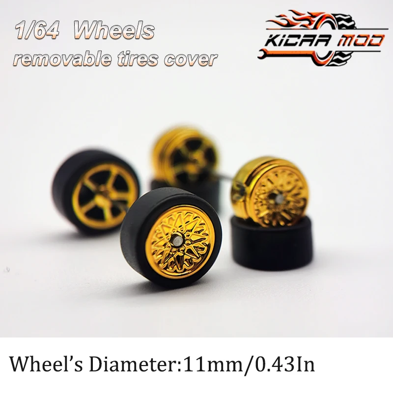 1/64 RLC Premium Wheels with Rubber Slick Tires for Hot Wheels Petal Spokes 2 Model Car Refitting Parts D:11mm (1 Set)