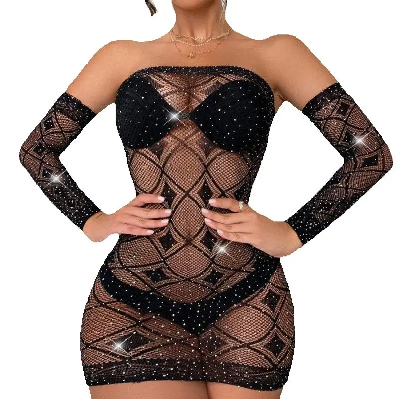

Европейское и американское женское нижнее белье с горячим тиснением и сверкающими звездными бриллиантами, сексуальная облегающая юбка на бедрах, сетчатая одежда с рукавами
