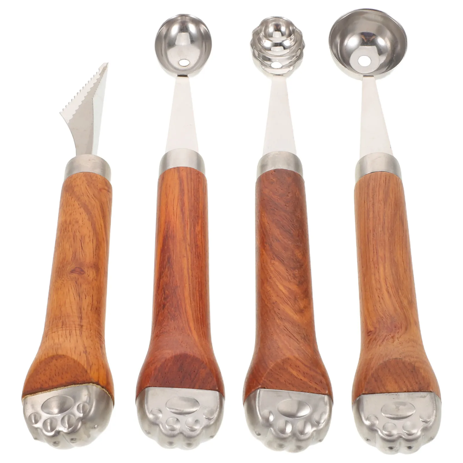 

4Pcs Tools Cat's Paw Wooden Handle Melon Baller Scoop Set Serrated Fruit Carving Cutter Watermelon Cantaloupe
