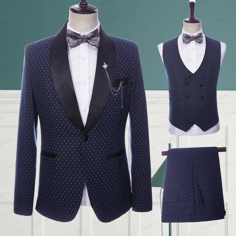 2023 New Men Summer Wedding Blue Linen Suits Khaki Dots Black Satin Lapel Business Formal Slim Fit 3 Pcs Set Jacket Vest Pants