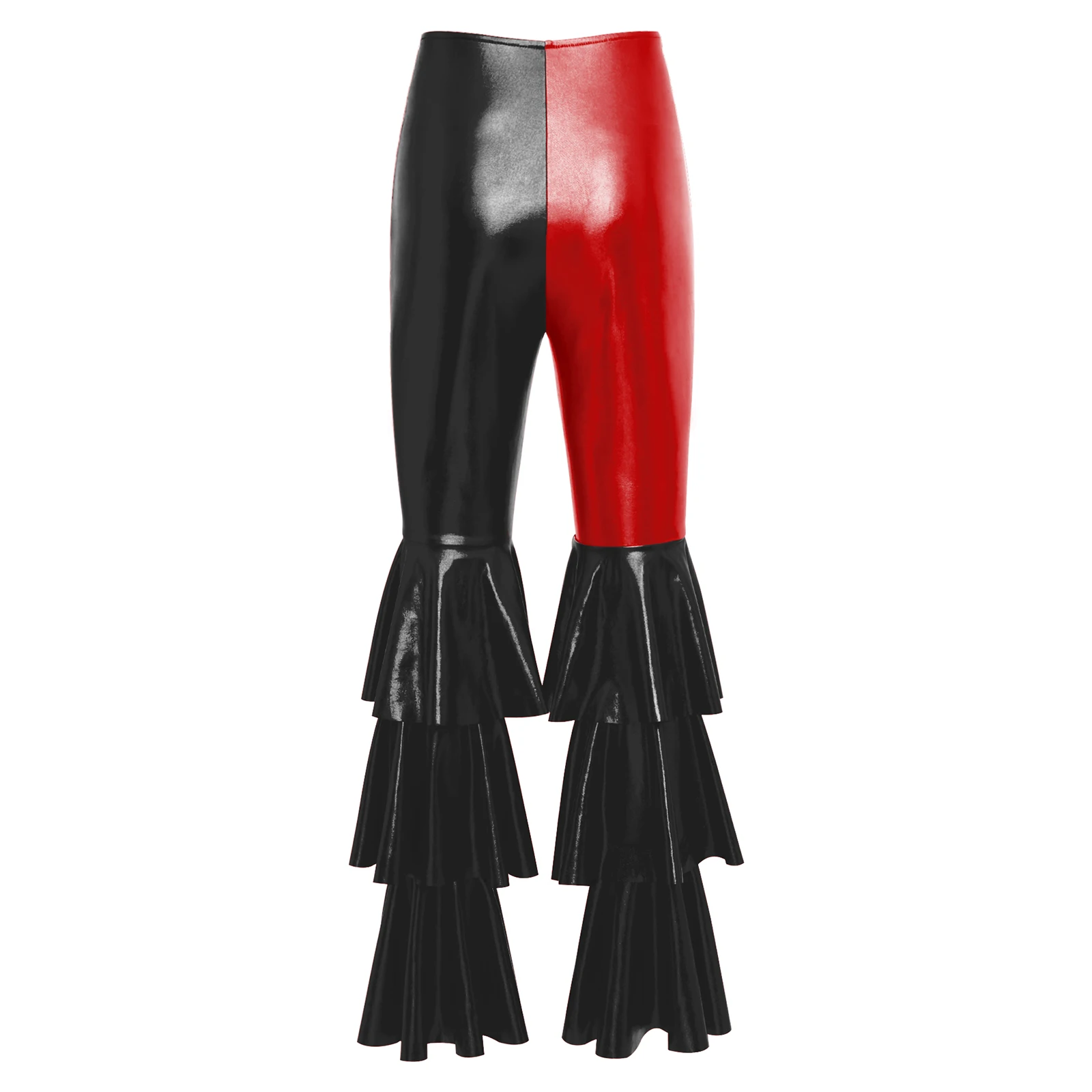 Damskie spodnie dzwony z falbanami w stylu lat 70. i 80., z wysokim stanem, długie spodnie disco, metaliczne, błyszczące spodnie rozszerzane, kostium na Halloween.