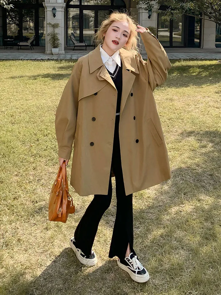 Khaki Midi Trench Coat Women Korean Fashion Loose Casual Female Coat Double Breasted All Match Trench Coat Autumn New