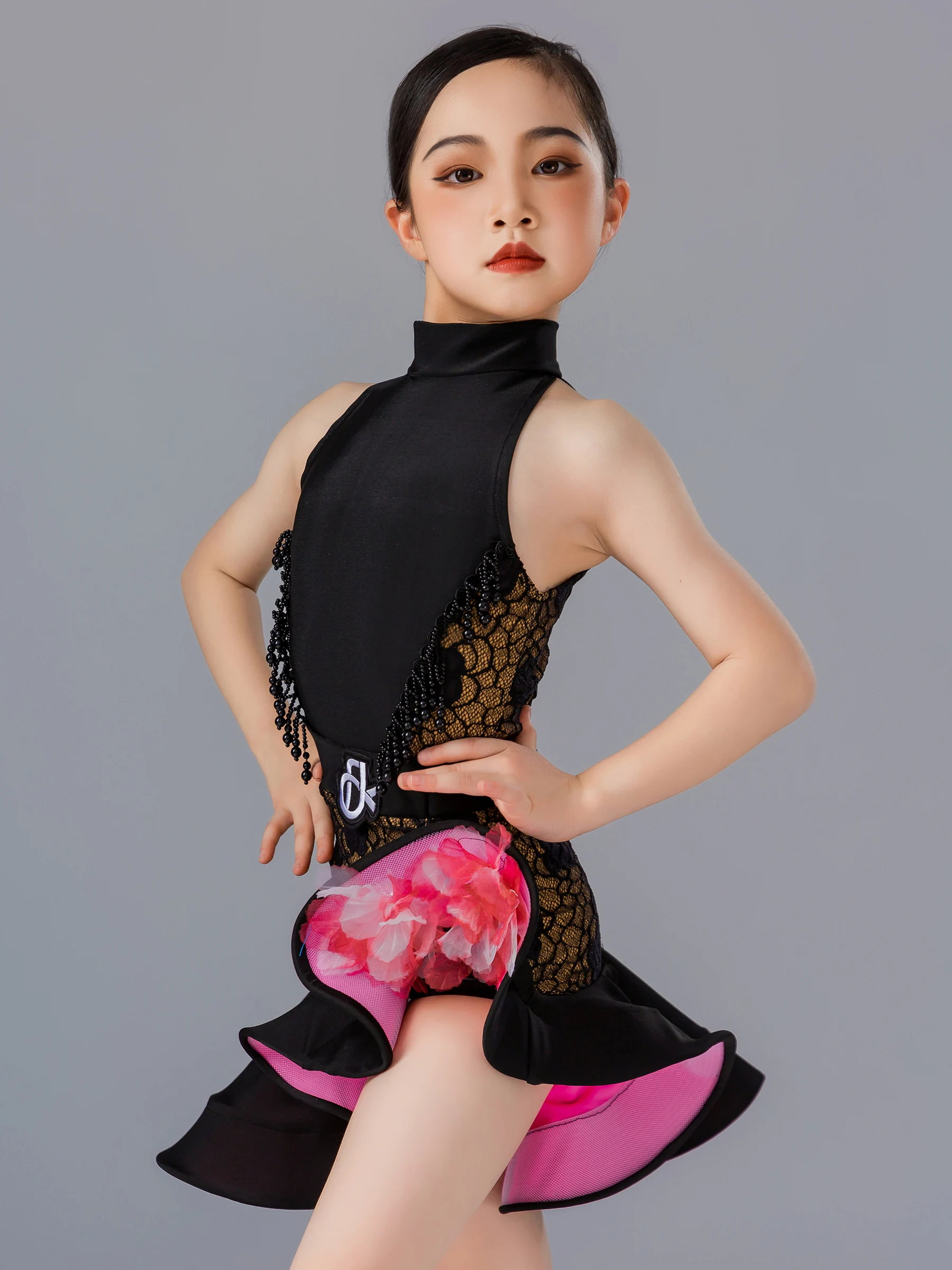 Kids Latin Dance Costume Girls Flower Black Lace Fringe Dress Cha Cha Rumba Performance Clothes Latin Competition Dress DNV19971