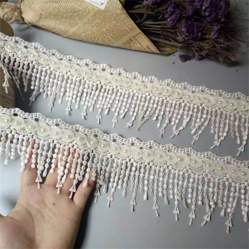 1 Yard Ivory Pearl Tassel Plum Flowers Pearl Lace  Trimmings Ribbons Beaded Lace Fabric Embroidered Sewing Wedding Dress 8cm