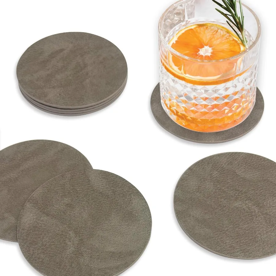 

Set of 8 Morgan Faux Leather 4 Ih Round Coasters Heat and Water Absorbent tural Style Drinks Tabletop Home Dinning Grey