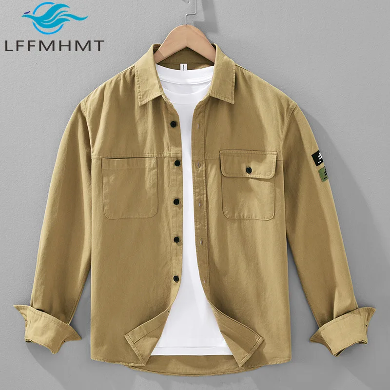 Men's Long Sleeve Workwear Casual Cotton Shirt for Youth Spring and Autumn Trendy Outerwear 100% Cotton with Pocket Decorations