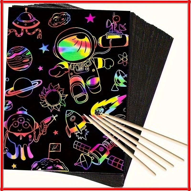 50 pcs Scratch Paper Kids Rainbow Magic Scratch Off Paper Sheets Art Craft Kit Black Note Paper Drawing Pads