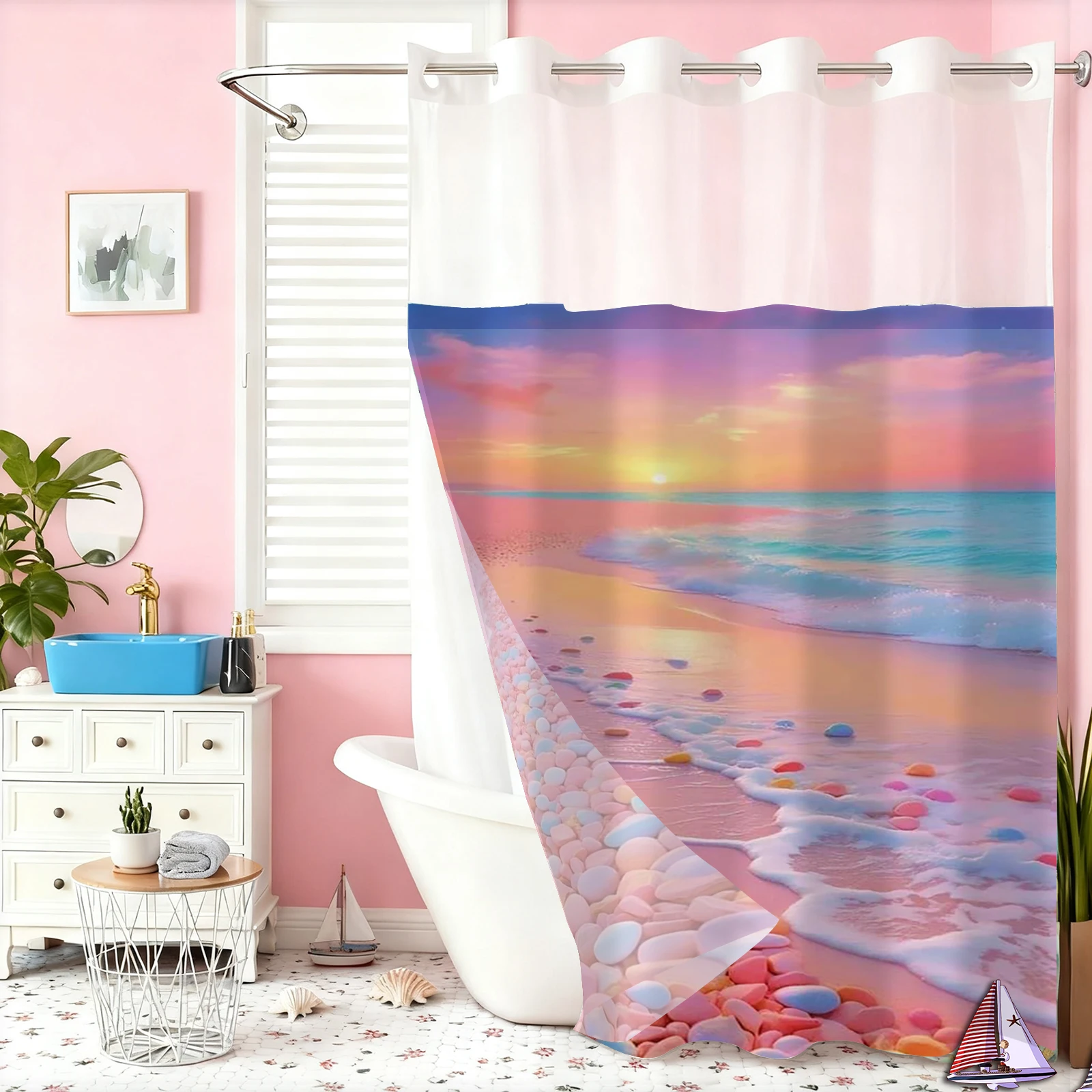 

Душевая штора без крючков с узором «Пляжные рыбки и ракушки», со съемным тканевым вкладышем, прозрачным верхним окном и двойным слоем для ванной комнаты