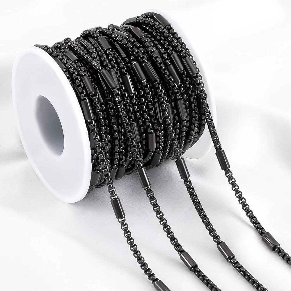 

2M 1M 0.5M Hip Hop Black PVD Stainless Steel Box Tube Cable Beaded Chains DIY Men Necklace Jewelry Making Bracelet Supplies Bulk
